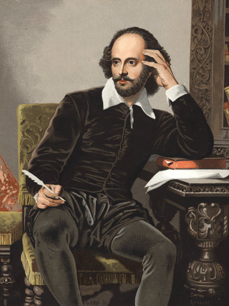 William Shakespearen (1564-1616) muotokuva. "julkkismiehistä ja naisista". Barcelona 1877 (kaiverrus). tekijältä Anonymous Anonymous