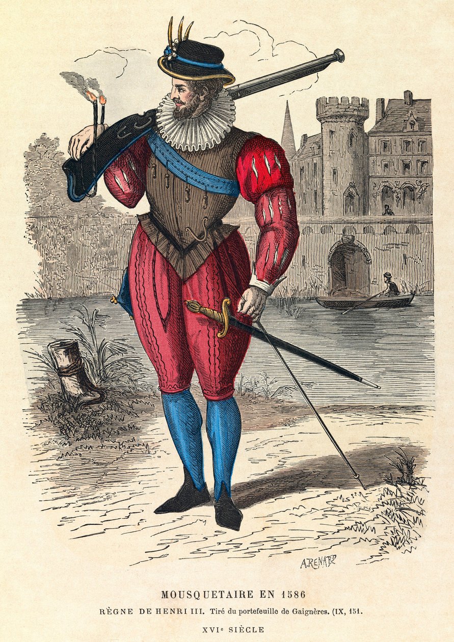 Muskettisoturin muotokuva vuonna 1586 Pariisissa (kuningas Henrik III:n aikana), kaiverrus, yksityinen kokoelma - Muskettisoturi Pariisissa tekijältä Anonymous Anonymous