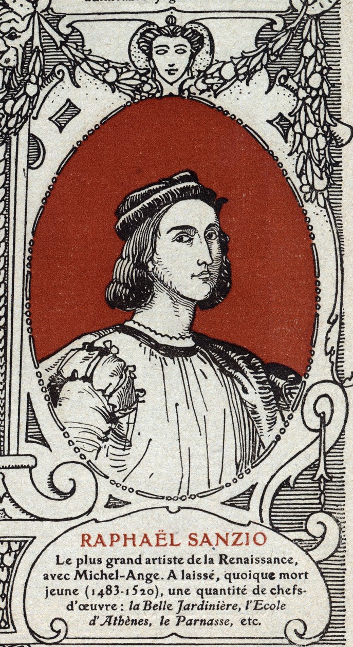 Italian renessanssitaiteilijan Rafaelin (Raffaello Sanzio 1483-1520) muotokuva. Kaiverrus vuodelta 1914. Yksityinen kokoelma. tekijältä Anonymous Anonymous