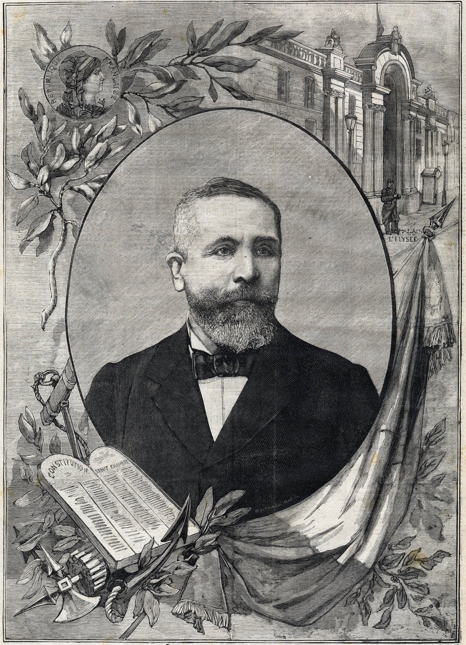 Muotokuva Ranskan uudesta presidentistä Emile Loubetista (1838-1929), joka valittiin 18. helmikuuta 1899. Kaiverrus. "Pikku Pariisissa" tekijältä Anonymous Anonymous