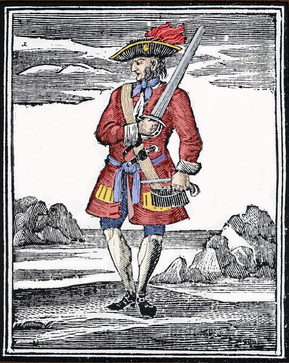 Merirosvo Jack Rackhamin muotokuvassa lukee Red tai John Rackham, joka tunnetaan paremmin nimellä Calico Jack (? 1720). Kaiverrus. tekijältä Anonymous Anonymous