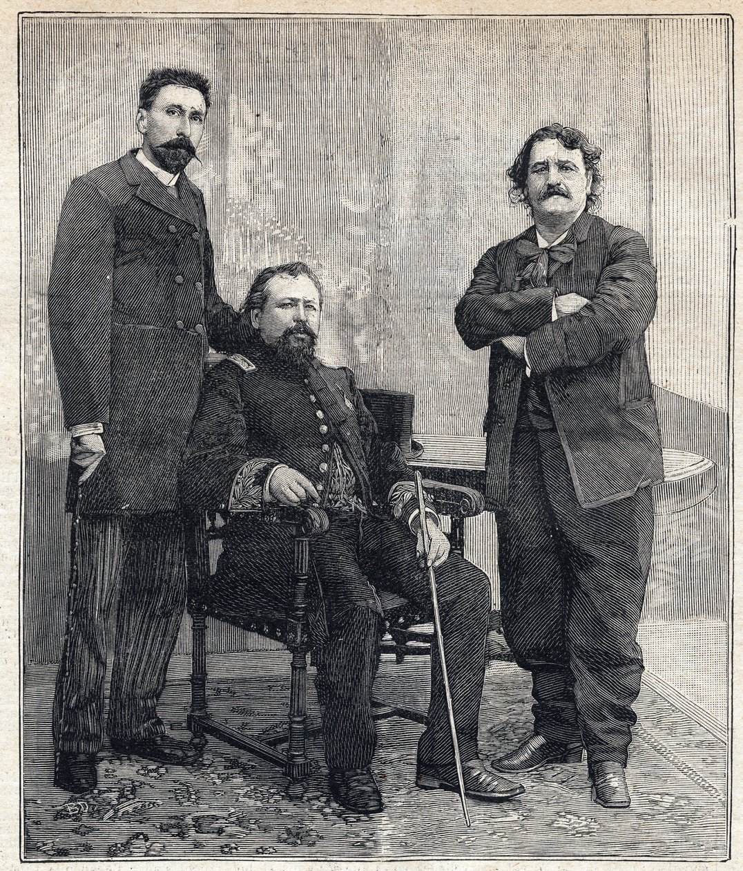 Muotokuva kolmesta "akatemisidista": Marius Tournade, Achille Le Roy ja Maxime Lisbon (1839-1905), jotka halusivat pilkata Ranskan Akatemiaa. Kaiverrus kirjassa "" Le Petit Parisien"" 6.4.1893. tekijältä Anonymous Anonymous
