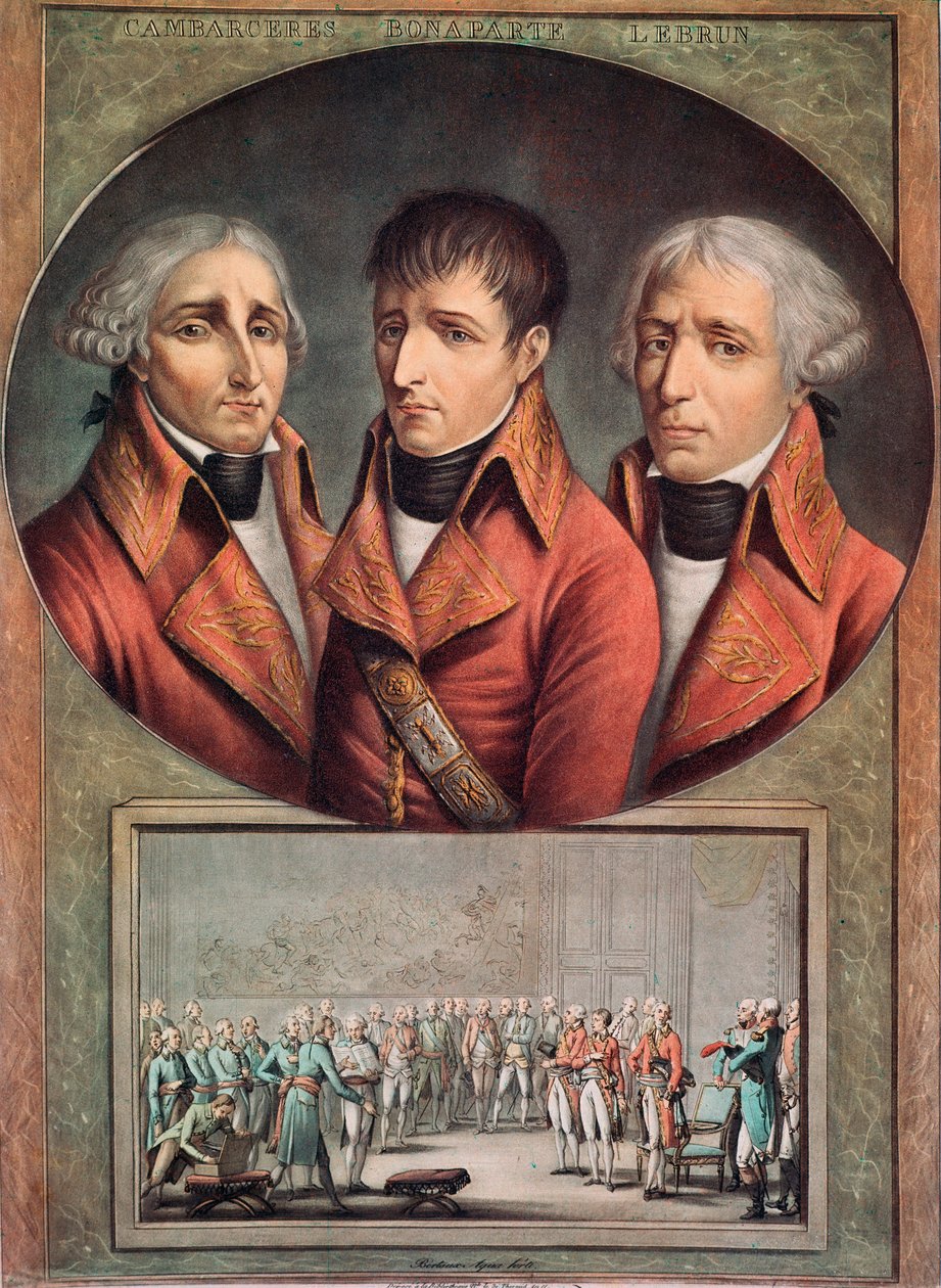 Kolmen konsulin Cambaceresin, Napoleon Bonaparten ja Charles-Francois Lebrunin muotokuva (kaiverrus tekijältä Anonymous Anonymous