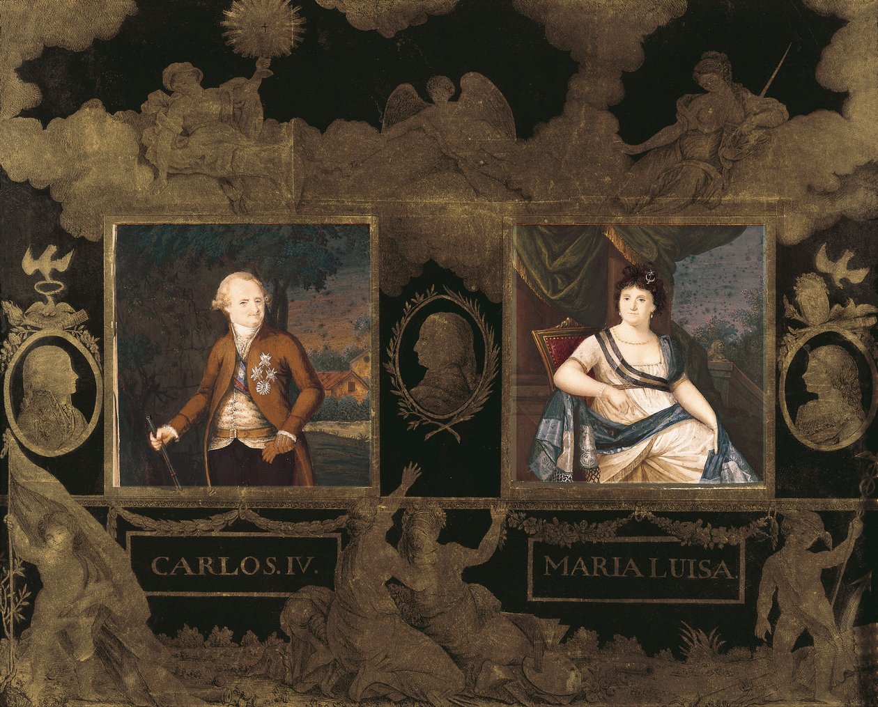 Muotokuvia Espanjan kuningas Kaarle IV:stä (Carlos) (1748-1819) ja hänen vaimonsa Marie Louisesta Bourbon Parmasta (Maria Luisa) (1751-1819) tekijältä Anonymous Anonymous