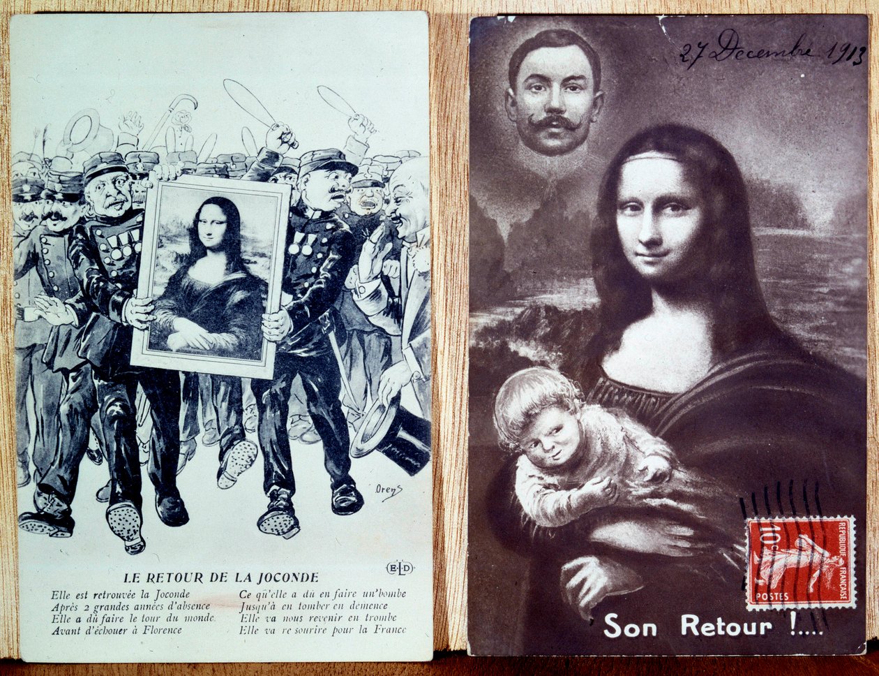 Postikortti Leonard de Vincin "Mona Lisa, Monna Lisa" (1452-1519) paluuvuoden kunniaksi Vincenzo Peruggian (1881-1925) lennon jälkeen vuonna 1911. 27/12/1913 tekijältä Anonymous Anonymous