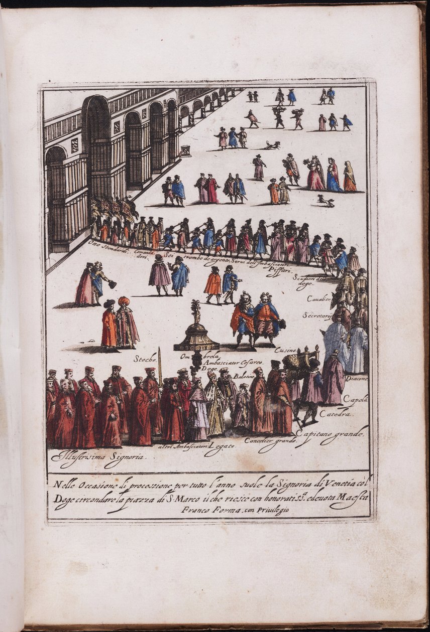 Procession du doge et de son entourage sur la place Saint Marc, Venise - Dogen kulkue ja hänen seurueensa Piazza San Marcolla Venetsiassa, Anonymous. Kuparikaiverrus, akvarelli tekijältä Anonymous Anonymous