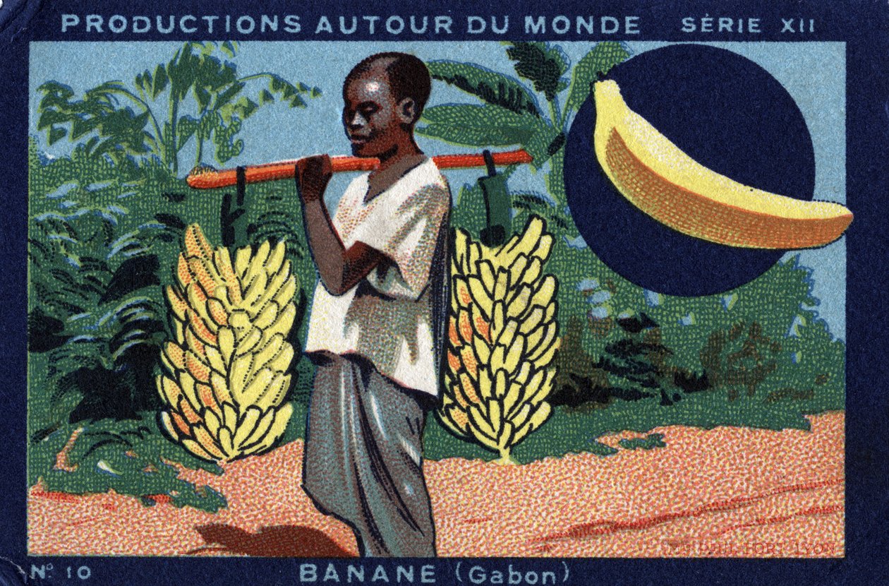 Tuotanto ympäri maailmaa: Banaani Gabonissa. Kromolitografia vuodelta 1933 "" Joseph-Milliat Albumissa"" tekijältä Anonymous Anonymous