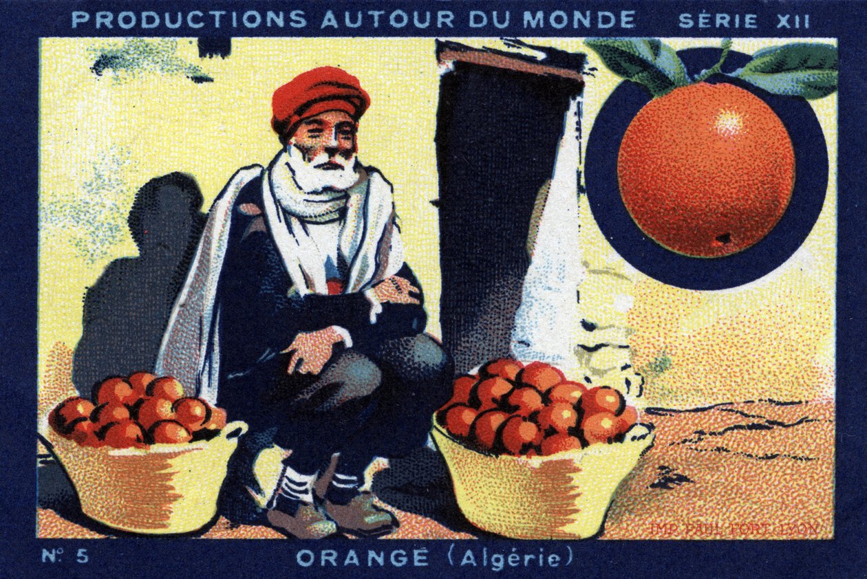 Tuotanto ympäri maailmaa: Orange Algeriassa. Kromolitografia vuodelta 1933 "" Joseph-Milliat Albumissa"" tekijältä Anonymous Anonymous