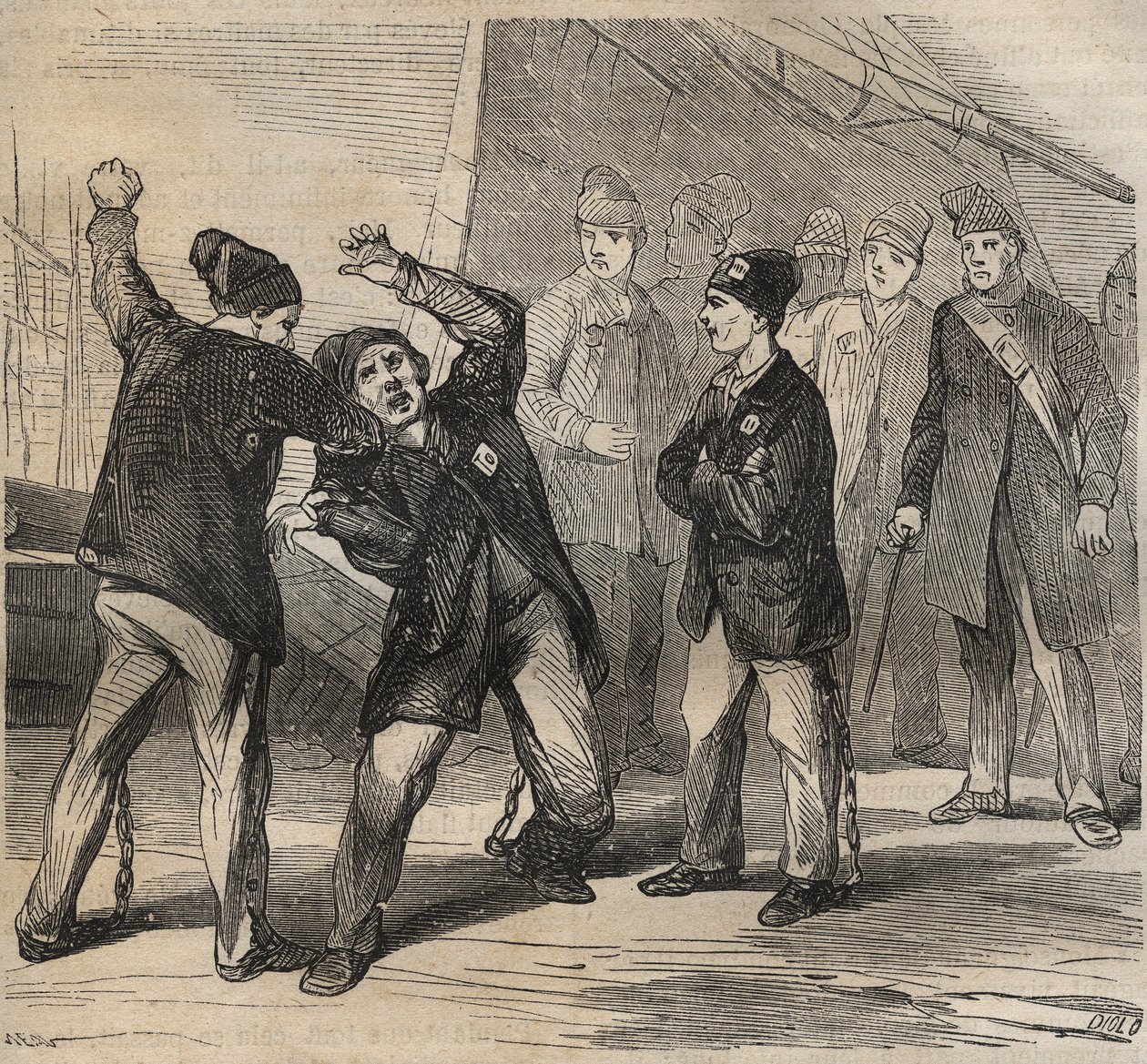 Pugilat-kohtaus Toulon Bagnessa 1800-luvulla. Pierre Zacconen (1817-1895) (1817-1895) (Colonia Penale - Penal Colony) kaiverrus kirjaan ”Vangoitujen historia heidän luomisestaan ​​nykypäivään” (1877). Yksityinen kokoelma. tekijältä Anonymous Anonymous