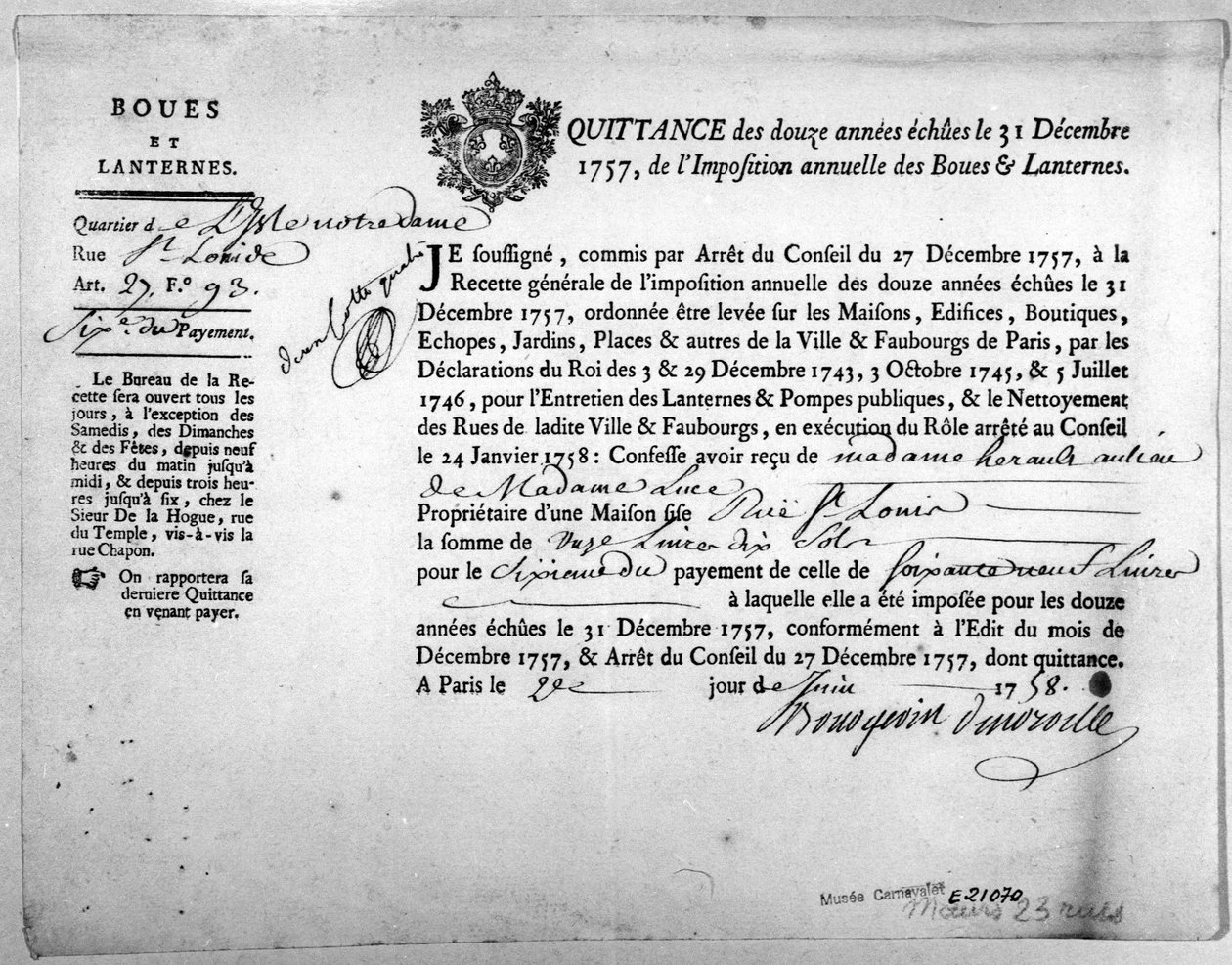 Kuitti verovirastolta mutaa ja lyhtyjä koskevien verojen maksamisesta, päivätty joulukuussa 1757. tekijältä Anonymous Anonymous
