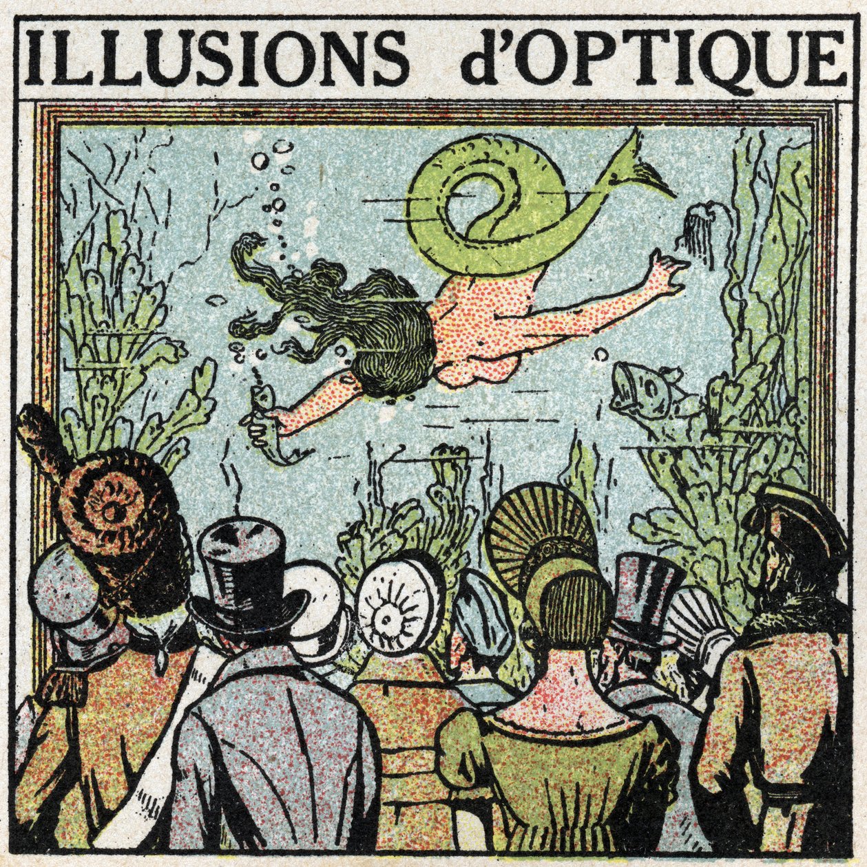 Valon heijastus: optinen harha. Jäätelön käyttö luomaan illuusion naiskalasta. Anonyymi kuvitus vuodelta 1925. Yksityiskokoelma. tekijältä Anonymous Anonymous