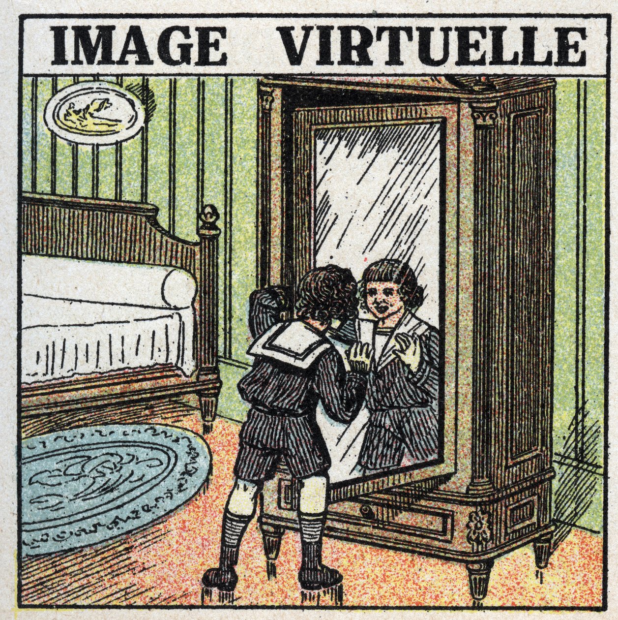 Valon heijastus: virtuaalikuva. Lapsi pohtii heijastustaan peilissä. Anonyymi kuvitus vuodelta 1925. Yksityiskokoelma. tekijältä Anonymous Anonymous