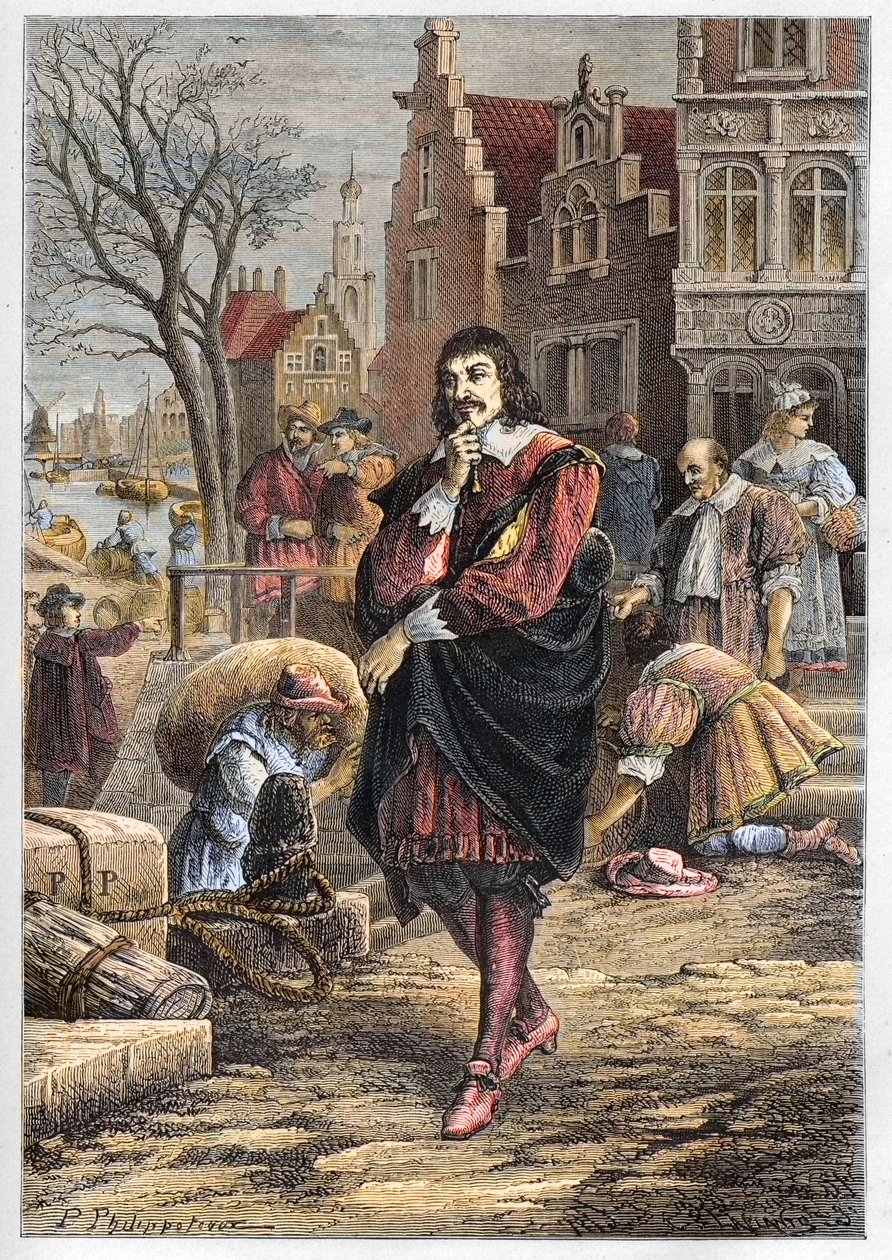 Rene Descartes (1596-1650), ranskalainen filosofi ja matemaatikko, joka kävelee Amsterdamin kaduilla - Descartes Amsterdamissa - kaiverrus kirjasta "" L’histoire de France tellee à mes grandsenfants" - kirjoittanut Francois Guizot - 1872-1876 tekijältä Anonymous Anonymous