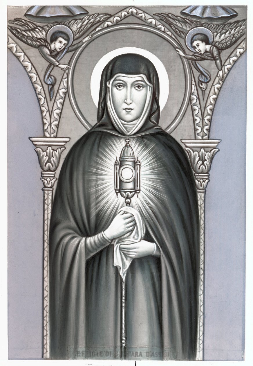 Edustus Saint Clairesta (Chiara) Assisilaista (n. 1192-1253), Clares Pious -kuvan uskonnollisen järjestön perustaja. 1900-luvun yksityiskokoelman debyytti tekijältä Anonymous Anonymous