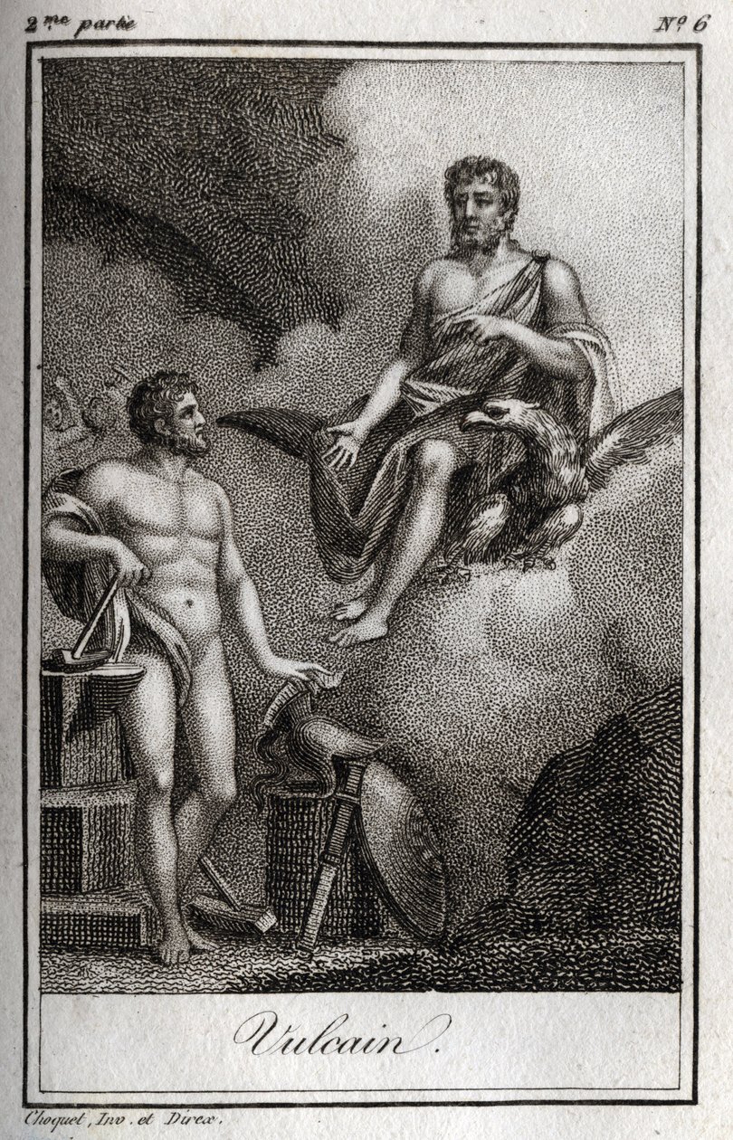 Edustus Vulcanista, tulen, takoman ja tulivuorten jumalasta. (Vulkaani, tulen ja tulivuorten jumala). Kaiverrus vuodelta 1819 Charles Albert Demoustier