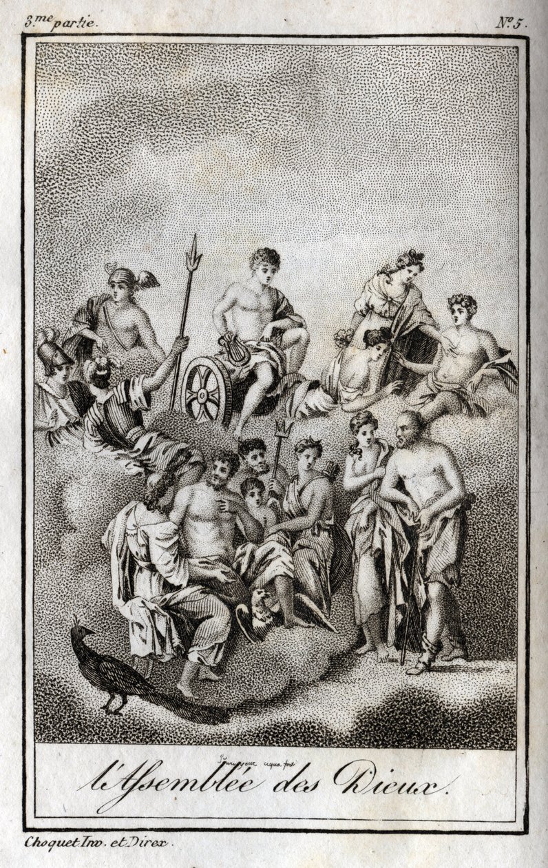 Edustus Assembly of the Godsista Olympus-vuorella tai 12 olympialaista. Kaiverrus vuodelta 1819 Charles Albert Demoustier