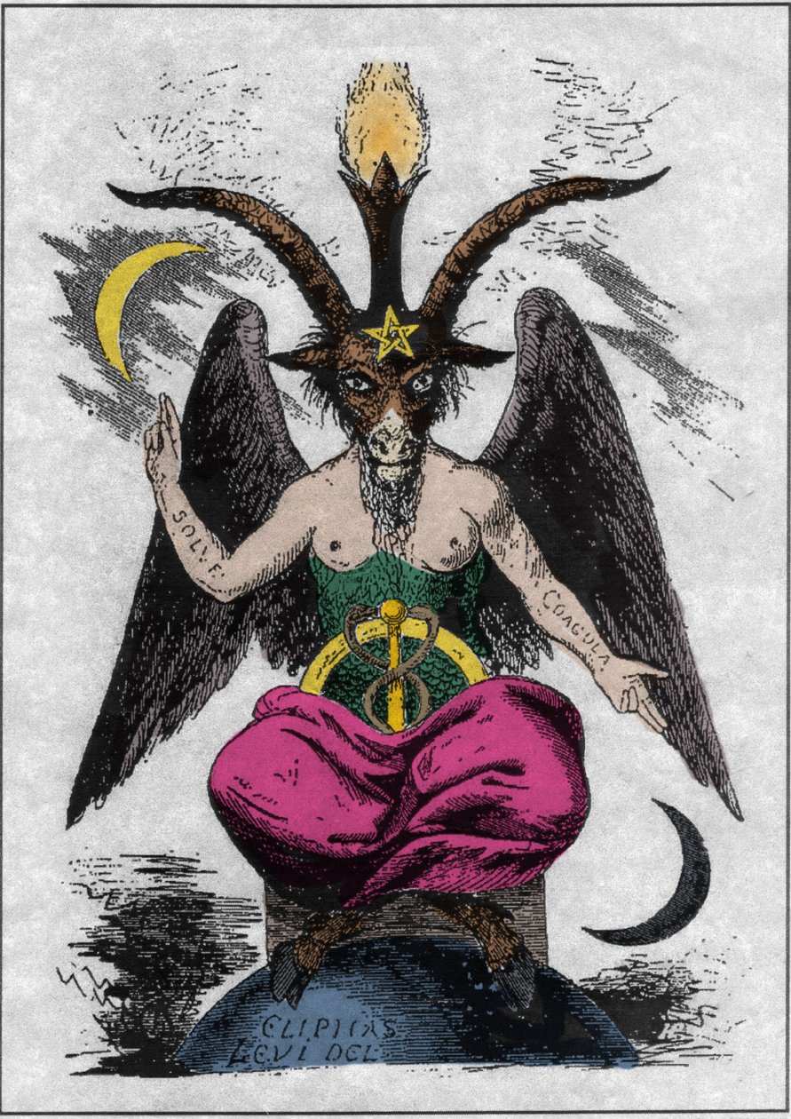 Baphometin esitys: hirviö, jolla on vuohen pää ja naisen ruumis, jonka käsivarsissa on alkemiallisia lainauksia "ratkaise" ja "coagula", lehtipuu jalkojen välissä ja pentagrammi otsassa. Eliphas Levin paholainen (Alphonse Louis (Alphonse Lo tekijältä Anonymous Anonymous