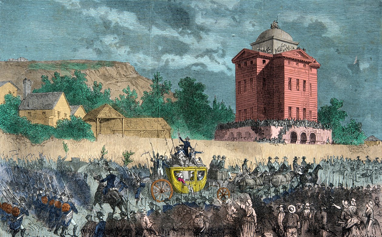 Varennesin paluu, kuninkaallinen perhe, joka tuotiin takaisin Pariisiin 25. kesäkuuta 1791, kaiverrus, yksityinen kokoelma tekijältä Anonymous Anonymous