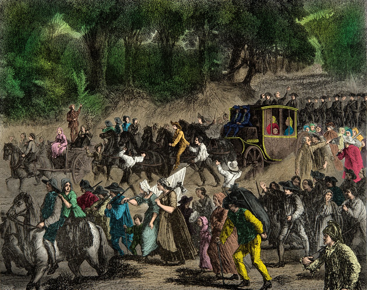 Kuninkaallisen perheen paluu Pariisiin Varennesin lennon jälkeen vuonna 1791, kaiverrus, yksityinen kokoelma tekijältä Anonymous Anonymous