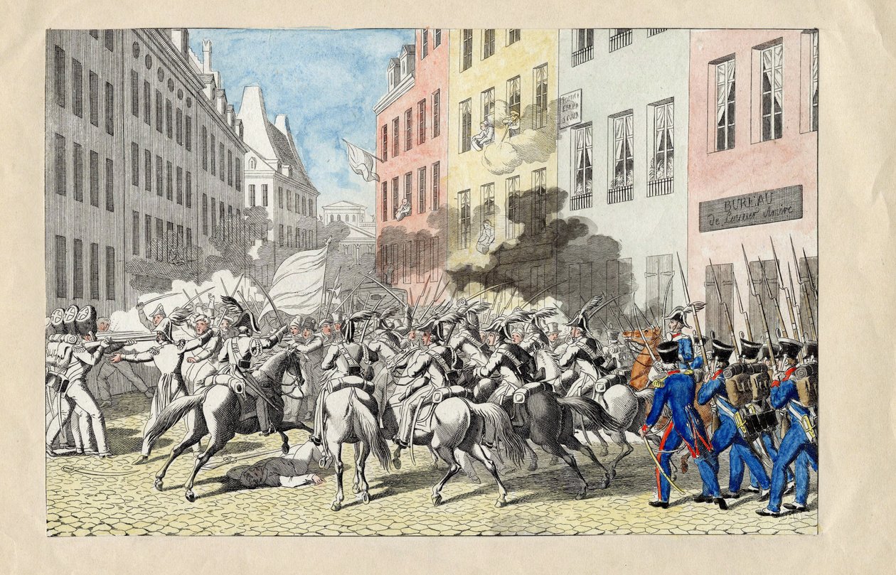 Revolution de Juillet 1830 a Paris (Heinäkuun vallankumous 1830) Nimetön kaiverrus ja akvarelli 1830 Koko 25,7x40,3 cm Yksityinen kokoelma tekijältä Anonymous Anonymous