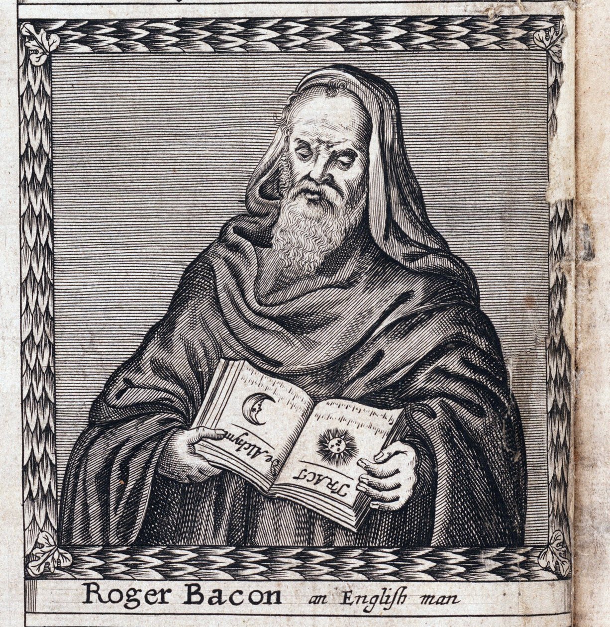 Roger Bacon (1214-1294), lempinimeltään tohtori Mirabilis (ihailtava tohtori) - Nimetön teos, kaiverrus tekijältä Anonymous Anonymous