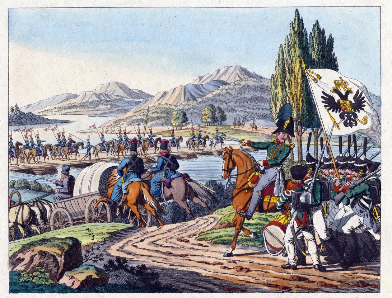 Venäjän armeija ylittää Pruth-joen Moldaviaan toukokuussa 1828 - Nimetön - 1829 - Etsaus, akvarelli - 37,9x24,4 - Yksityiskokoelma tekijältä Anonymous Anonymous