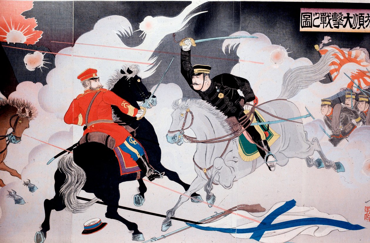 Venäjän ja Japanin sota (1904-1905) Japanilainen printti, joka kuvaa kahden ratsumiehen taistelua. 1900-luvun alku yksityinen kokoelma tekijältä Anonymous Anonymous