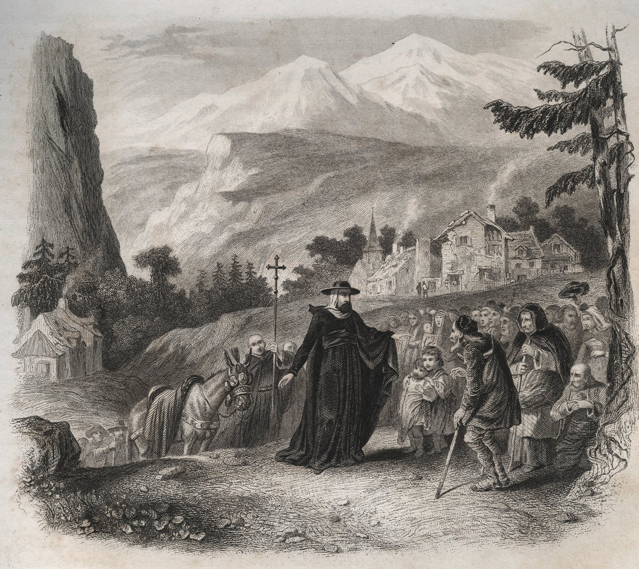 Saint Francois-de-Sales (Saint Francois de Sales) (1567-1622), Geneven esitys pastoraalivierailulla. Kaiverrus vuodelta 1846 kirjassa "Pyhien elämää". Yksityinen kokoelma. tekijältä Anonymous Anonymous