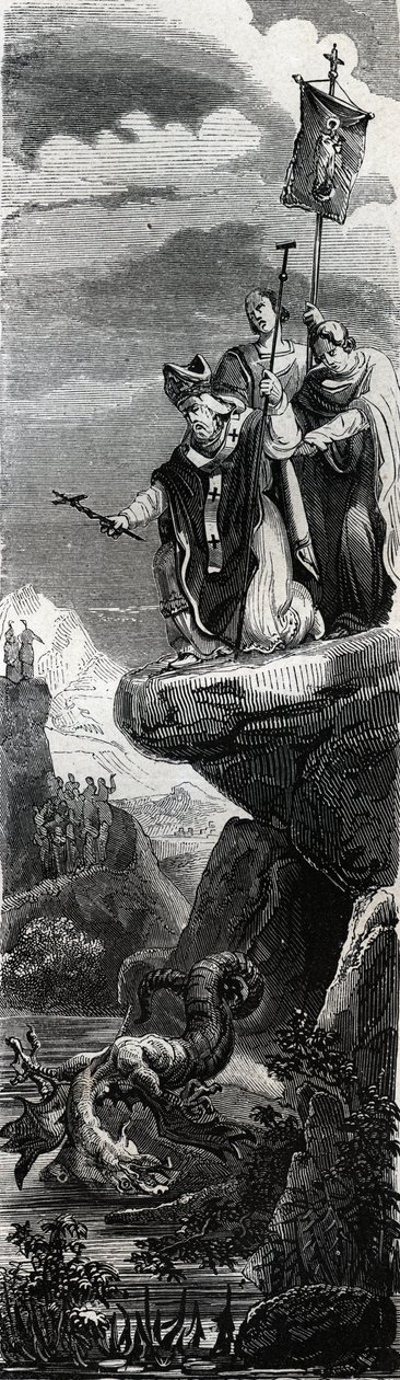 Saint Front (ensimmäinen Perigordin evankelisoija) (3. vuosisata) lohikäärmeen saostamassa Dordognessa - Kaiverrus vuodelta 1846 kirjassa "Pyhien elämää"". Yksityinen kokoelma. tekijältä Anonymous Anonymous