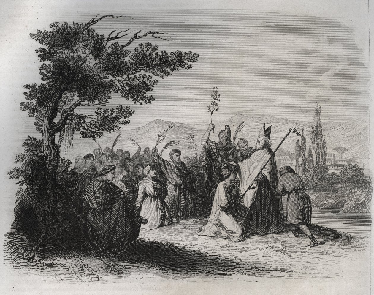 Saint Hilaire de Poitiers (310-368) palaa maanpaosta. Kaiverrus vuodelta 1846 kirjassa "Pyhien elämää". Yksityinen kokoelma. tekijältä Anonymous Anonymous