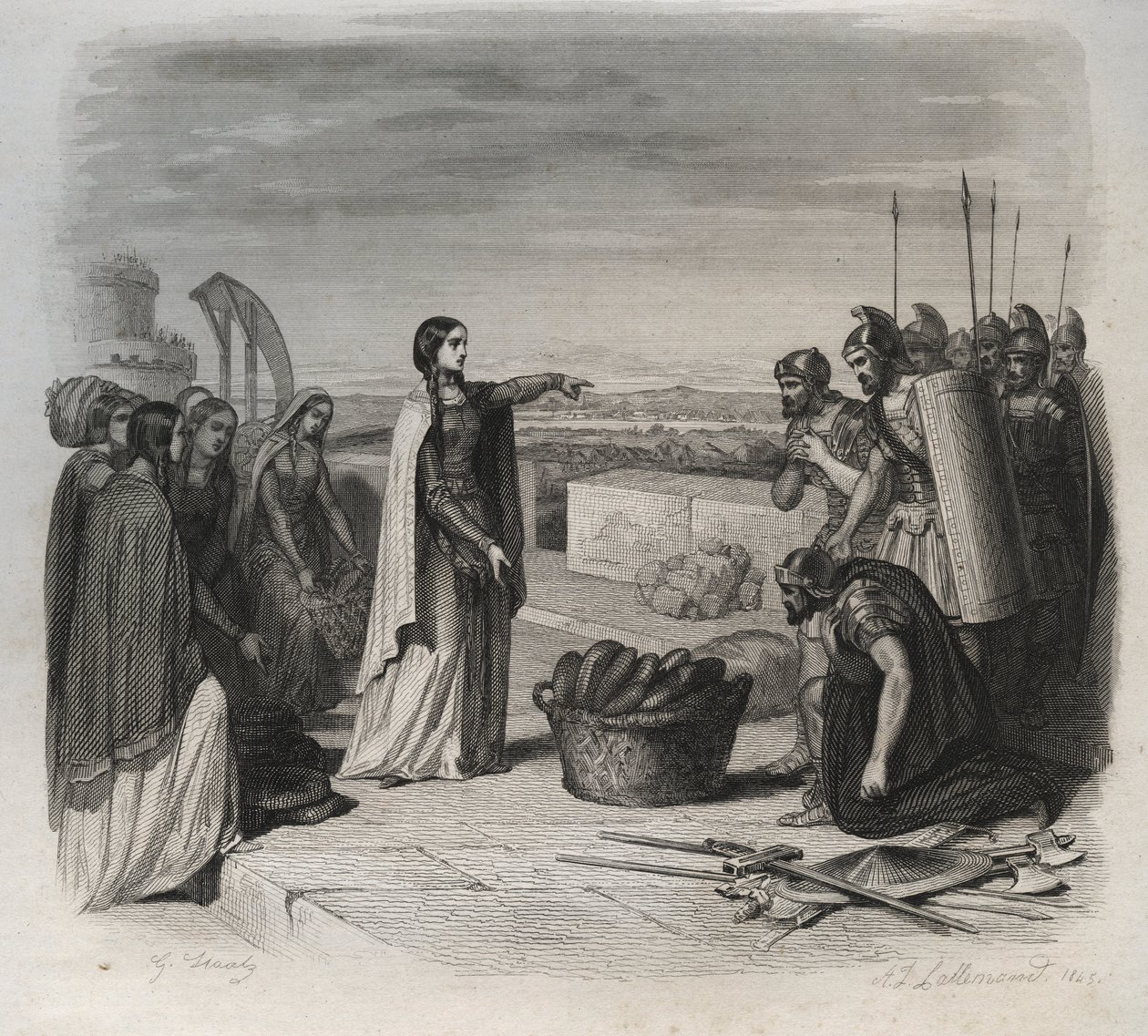 Sainte Genevieve jakoi ruokaa ihmisille Attilan hunnien armeijan piirityksen aikana vuonna 451 (barbaarien hyökkäykset). Kaiverrus vuodelta 1846 kirjassa "Pyhien elämää". Yksityinen kokoelma. tekijältä Anonymous Anonymous