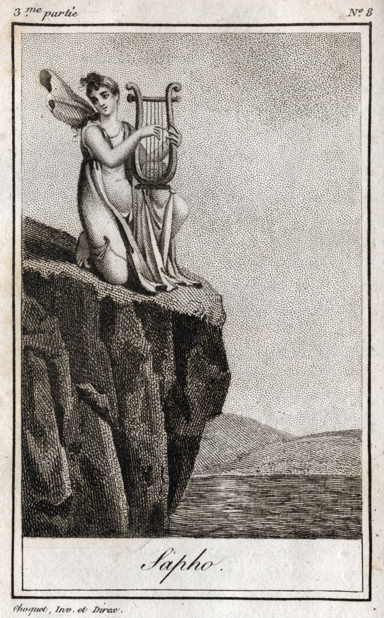 Sapho (tai Sappho, 7. vuosisata eKr.), kreikkalainen antiikin runoilija. Kaiverrus vuodelta 1819 Charles Albert Demoustier