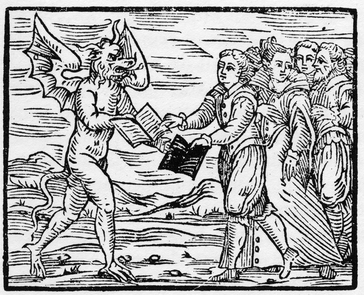 Saatana lahjoittaa seuraajille mustan kirjan vastineeksi evankeliumikirjasta - "Compendium Maleficarum", käsittelee noitia, heidän onnettomuuksiaan ja heidän lajittelujaan Francesco Maria Guazzo tai Guaccio tai Guaccius (15?? -16??) 1608 Private Collection tekijältä Anonymous Anonymous