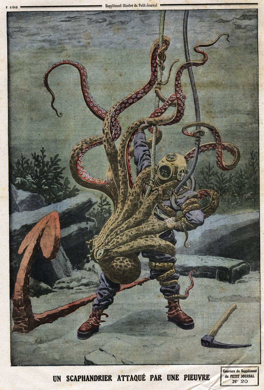 Mustekala hyökkäsi Scaphandlerin kimppuun. Kaiverrus "" Le petit Journal" -lehdessä, 16.6.1912. Yksityinen kokoelma. tekijältä Anonymous Anonymous