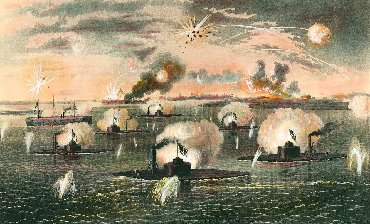 Secession War (1861-1865): "" Hyökkäys kelluviin paristoihin sota-alusten erottelusodan aikana"" Kaiverrus noin 1865. Yksityinen kokoelma tekijältä Anonymous Anonymous