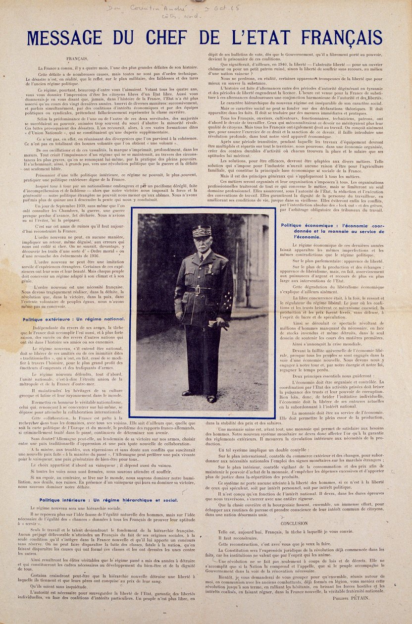 Toinen maailmansota ja Vichyn hallinto: Ranskan valtionpäämiehen Philippe Petainin viesti, joka julkaistiin Ranskan kesäkuussa 1940 allekirjoittaman aselevon jälkeen ja jossa esitellään kansallisen vallankumouksen ohjelma, syksy 1940. Yksityiskokoelma tekijältä Anonymous Anonymous