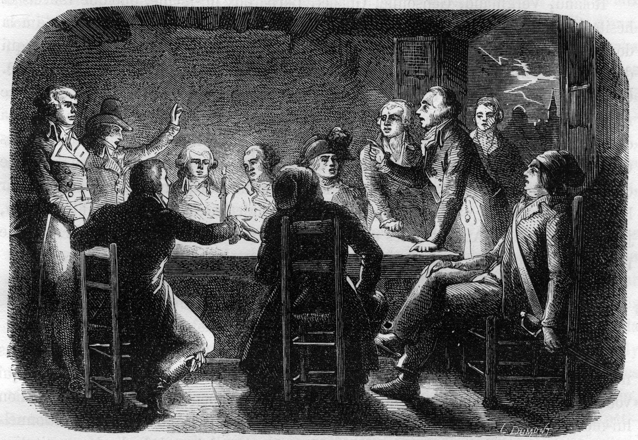 Salainen sovittelu Charentonissa - Charentonin salaliitto toukokuu 1793 - Girondinit syyttivät Georges Jacques Dantonia salaliitosta Pariisin kommuunin kanssa (olivat kokouksessa Georges Danton, Maximilien of Robespierre, Claude Basire, Francois Chabo tekijältä Anonymous Anonymous