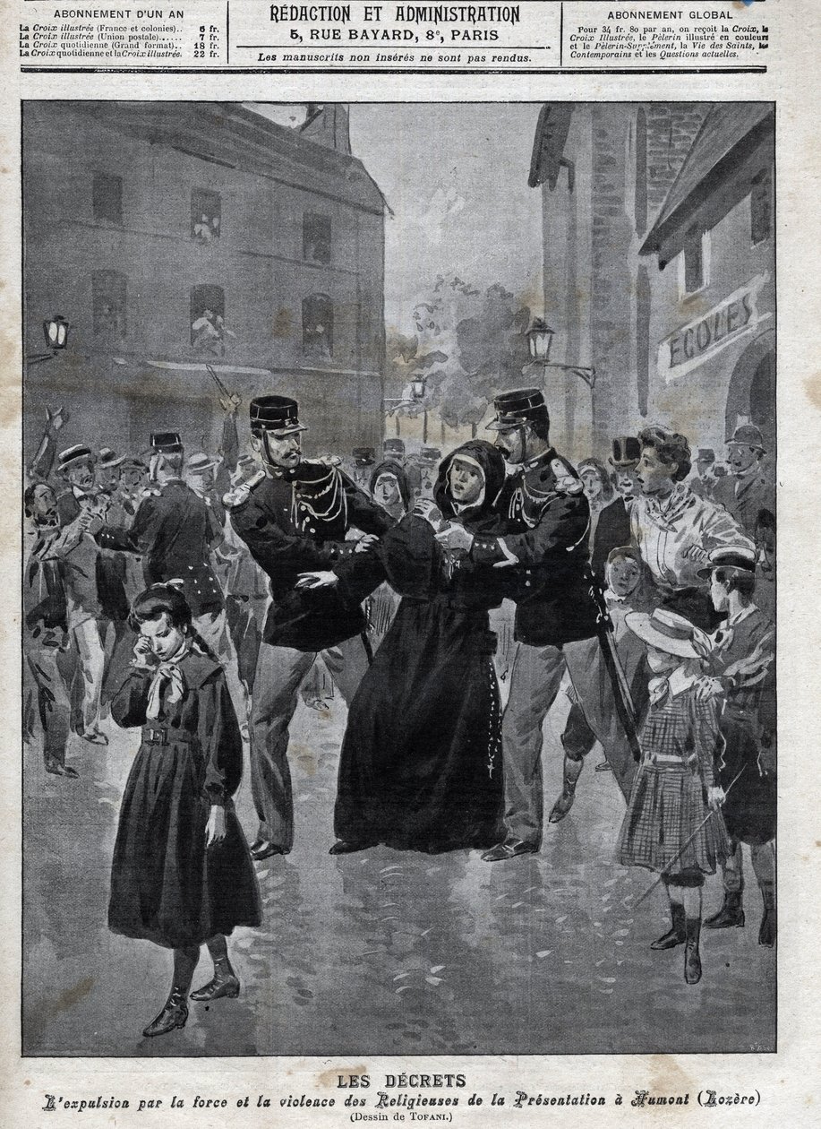 Erottaminen kirkosta ja osavaltiosta - Humontin (Lozere) lainvalvontaviranomaiset karkottivat nunnat kouluistaan - vuoden 1902 "la-croix illustree" -kansi - tekijältä Anonymous Anonymous