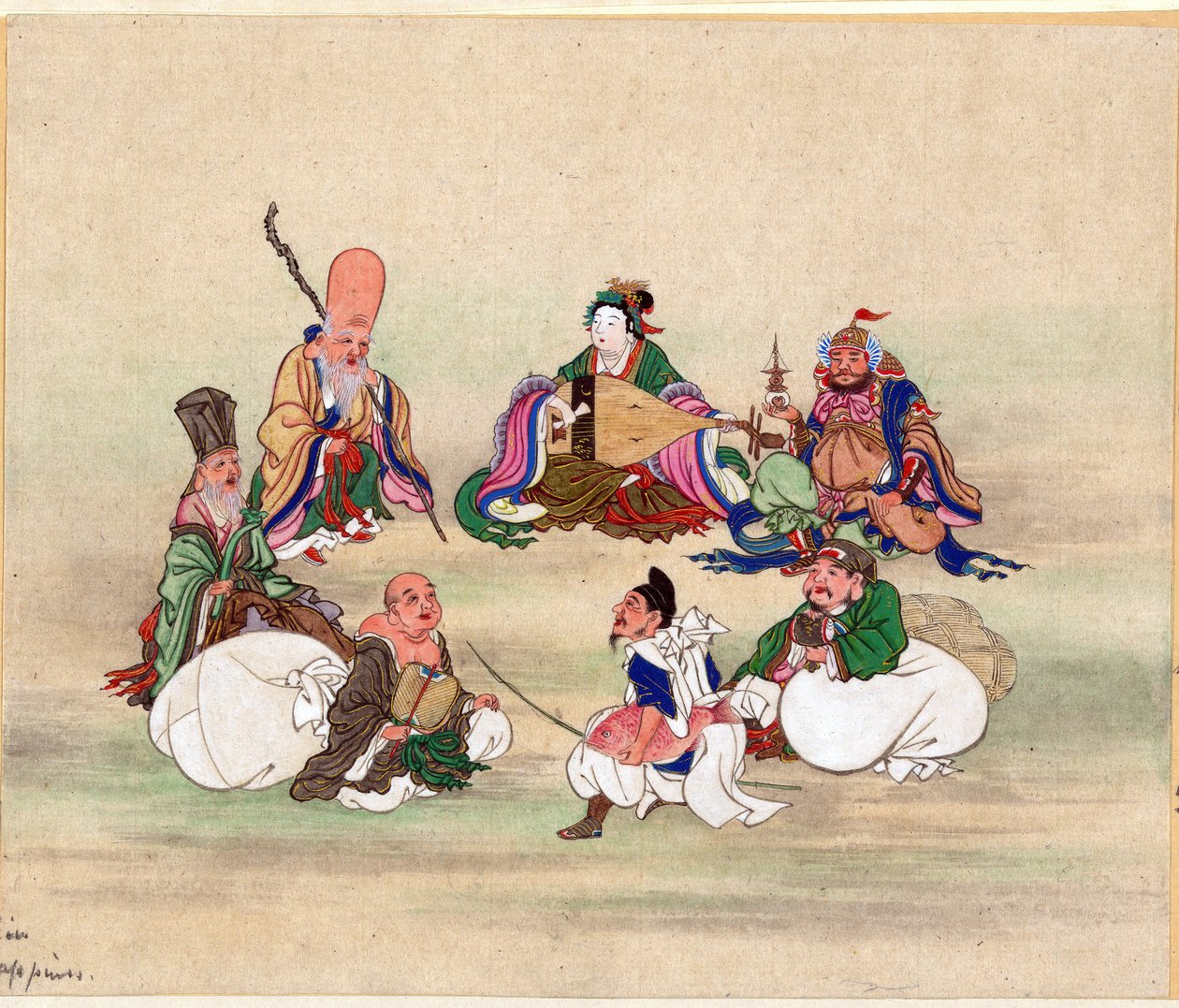 Sept Divinites du Bonheur - Seven Lucky Gods par Anonymous, n. 1878 - Vesiväri ja muste paperille, 25x17,8 - Yksityiskokoelma tekijältä Anonymous Anonymous