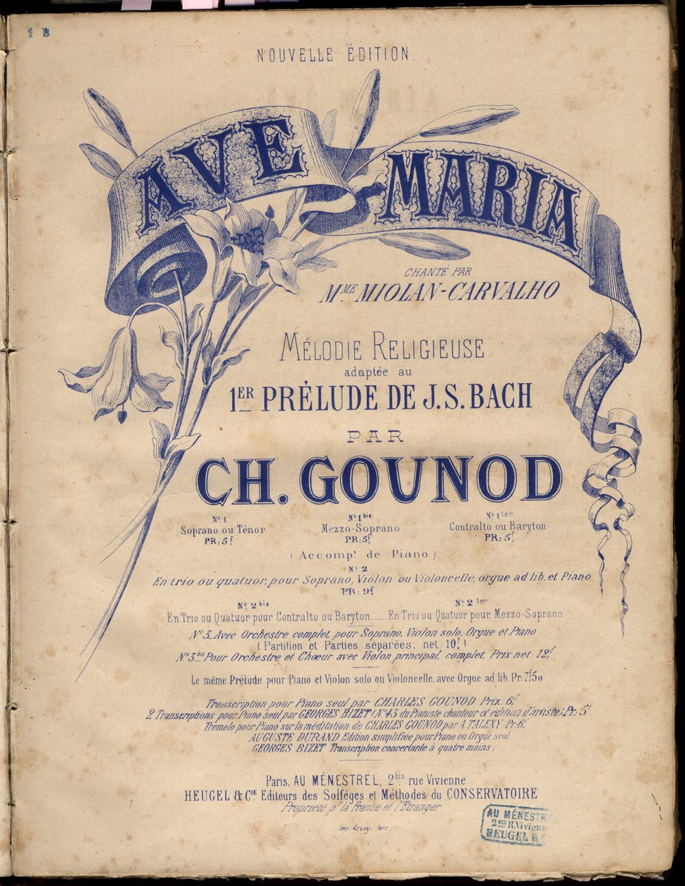 Nuotit kappaleelle ”” Ave Maria”. Uskonnollinen melodia Adapted Au 1er Prelude By J.S. Bach. Kirjailija: Charles Gounod Yksityinen kokoelma. tekijältä Anonymous Anonymous