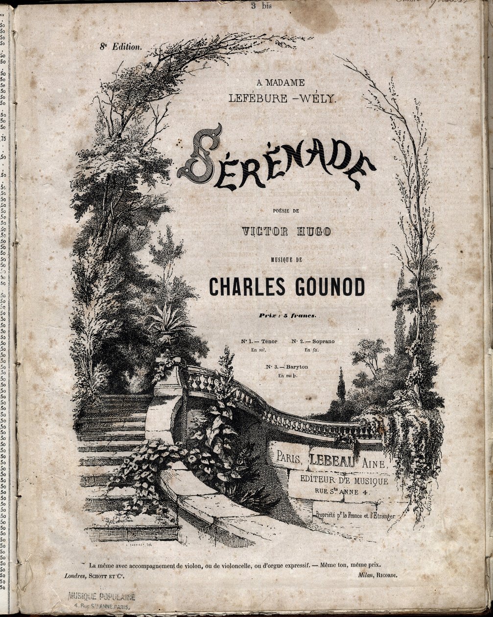 Nuotit Victor HUGOn "" SERENADE" -runolle, musiikki Charles Gounod. tekijältä Anonymous Anonymous