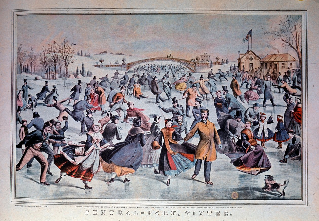Luistelu Central Parkin jäätyneellä järvellä New York Cityssä, Yhdysvalloissa. 1800-luvun yksityinen kokoelma tekijältä Anonymous Anonymous