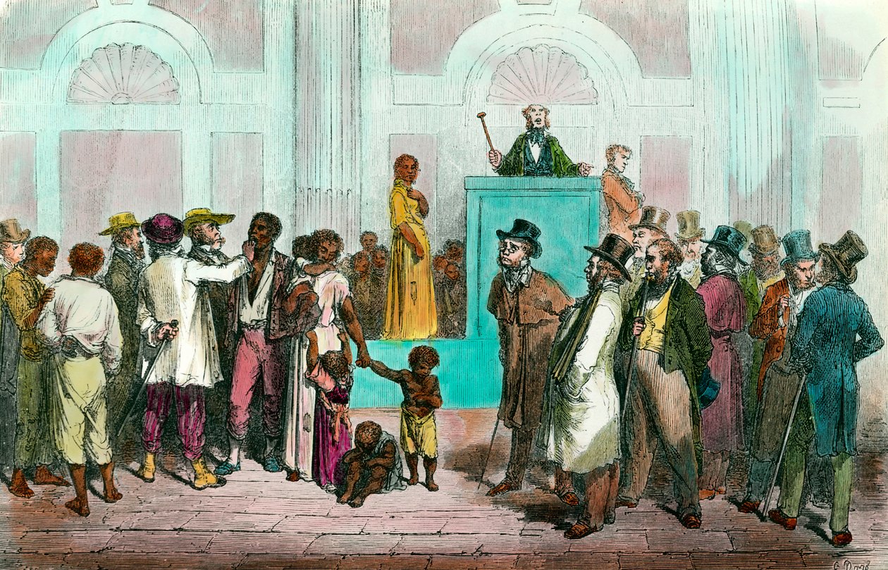 Orjuus: ""Orjien myynti Yhdysvalloissa""" Kaiverrus 1800-luvulta. Yksityinen kokoelma tekijältä Anonymous Anonymous