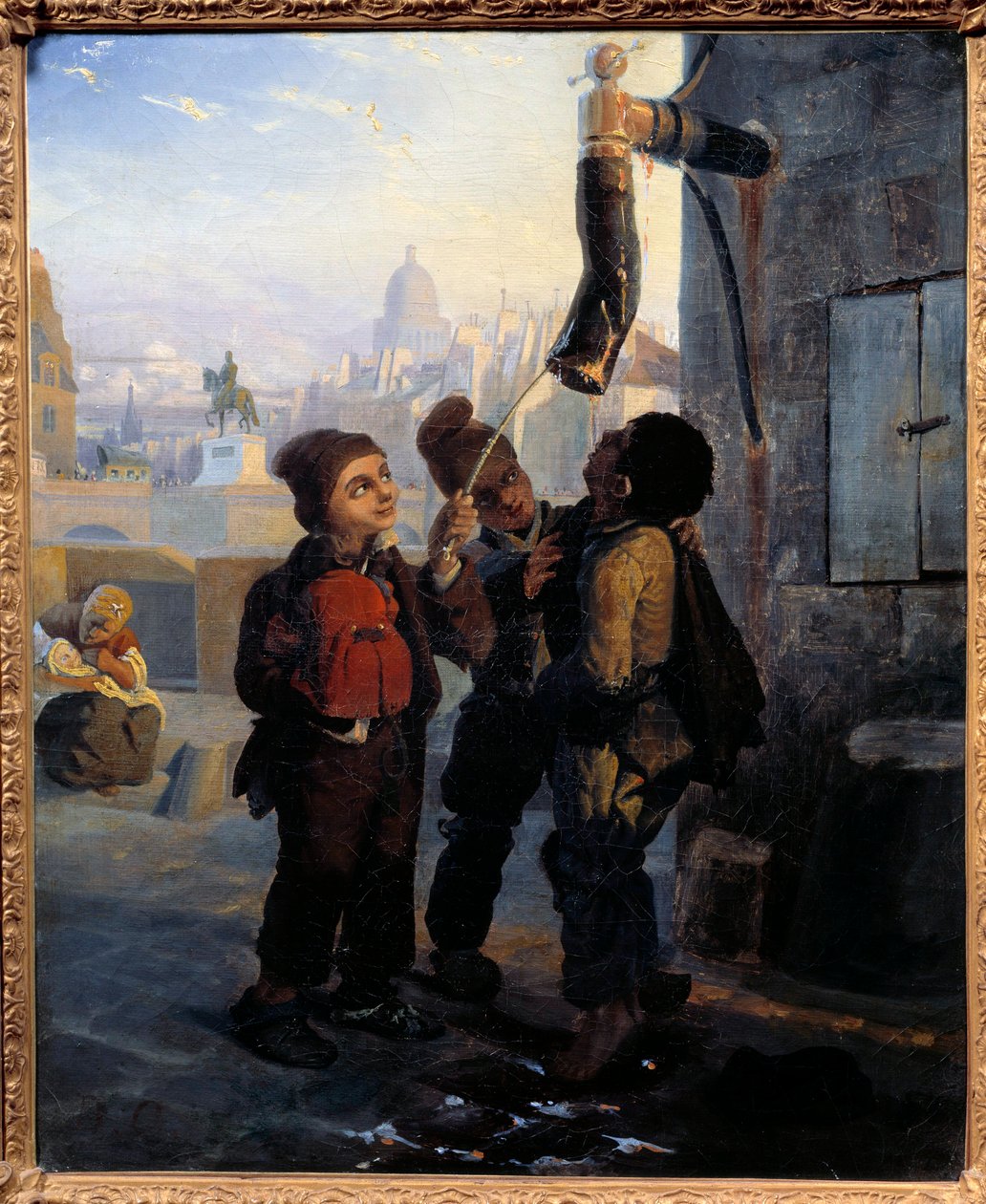 Pieni savupiippu, joka hajosi pumpun veteen Quai du Louvressa vuonna 1830 Anonyymi maalaus. 1830 Su. 0,45x0,38 m tekijältä Anonymous Anonymous