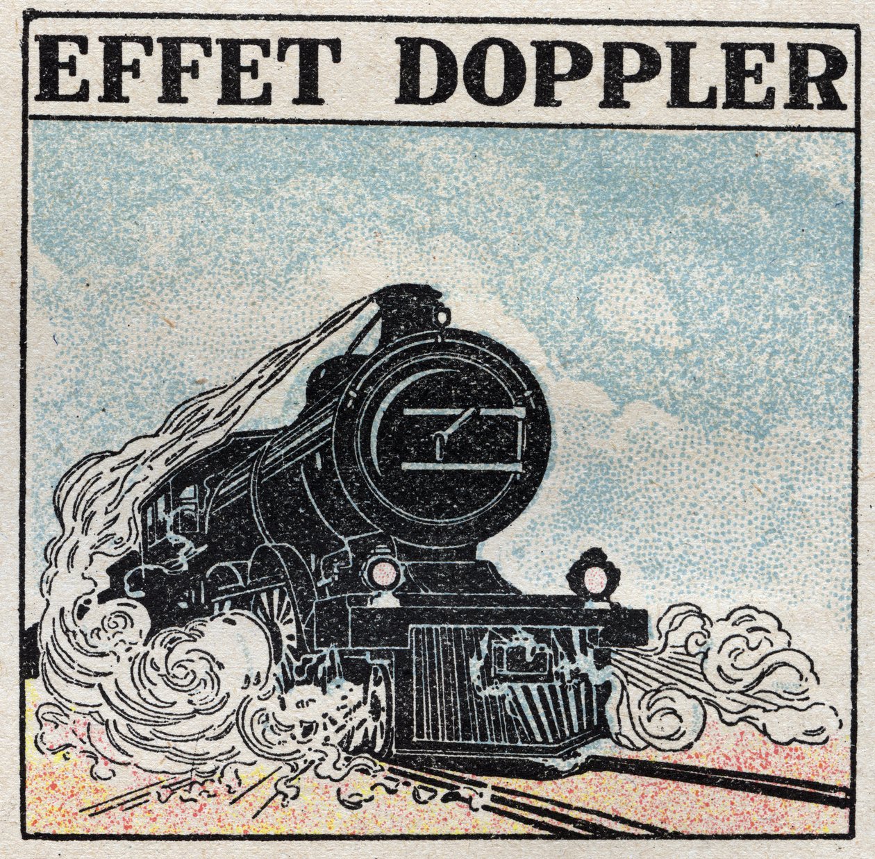 Äänienergia: Doppler-efekti, jonka Christian Andreas Doppler (1803-1853) korosti vuonna 1842. Veturin pillissä on terävä ääni saapuessaan ja muuttuu ankaraksi, kun se siirtyy pois. Nimetön kuvitus vuodelta 1925. Yksityinen kokoelma. tekijältä Anonymous Anonymous