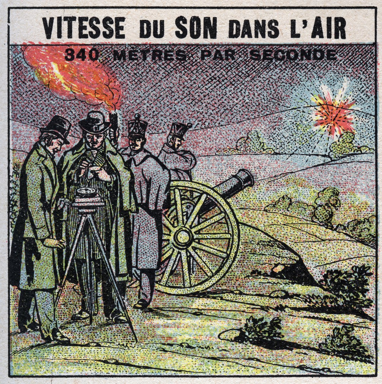Äänienergia: äänen nopeus ilmassa. Vuoden 1822 kokemus Louis-Joseph Gay-Lussacilta (Louis Joseph Gay Lussac) (1778-1850) ja Francois Aragolta (1786-1853), jotka ampuivat sarjan kanuunalaukauksia Montlheryn ja Villejuifin välillä. Anonyymi kuvitus vuodelta  tekijältä Anonymous Anonymous