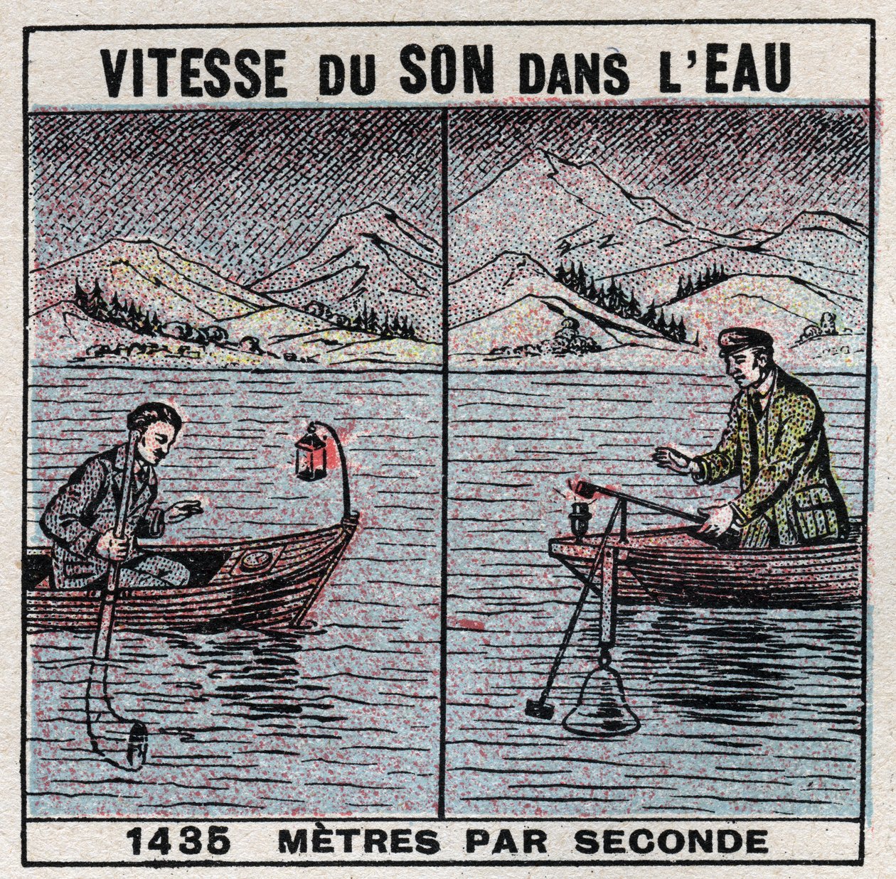 Äänienergia: äänen nopeus vedessä. Jean Daniel (Jean-Daniel) Colladon (1802-1893) ja Charles Francois Sturm (1803-1855) vuosien 1826-1827 kokemukset Genevejärvellä (Leman Lake). Kaksi venettä ankkuroituna 14 km etäisyydellä toisistaan, yksi veneistä kannat tekijältä Anonymous Anonymous