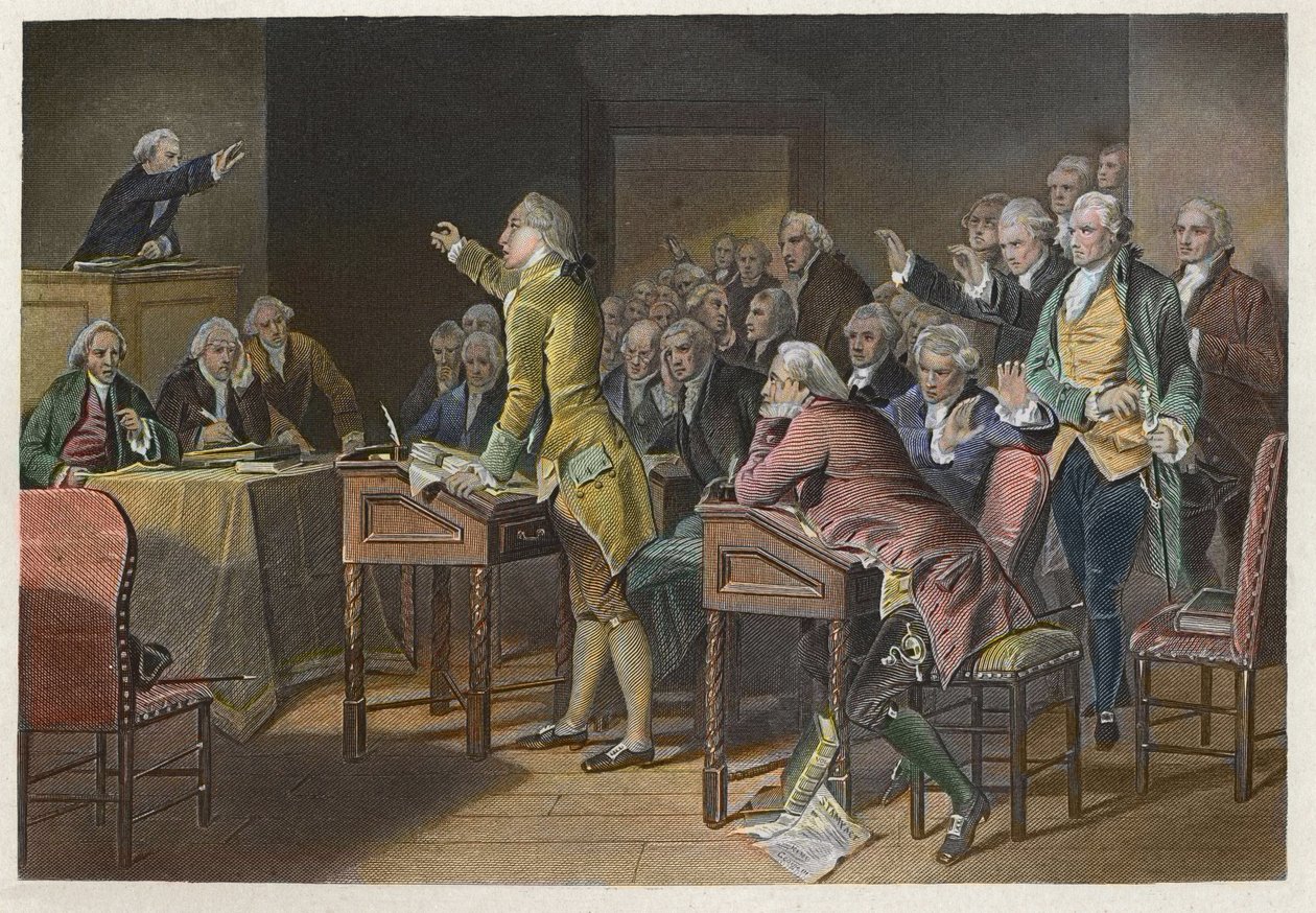 Stamp Act (Duties in American Colonies Act) – Amerikan vallankumousjohtaja Patrick Henry (1736-1799) vastustaa leimalakia Virginia House of Burgessesissa vuonna 1765 – Patrick Henryn puhe postimerkkilakia vastaan vuonna 1765 House of the Housessa tekijältä Anonymous Anonymous