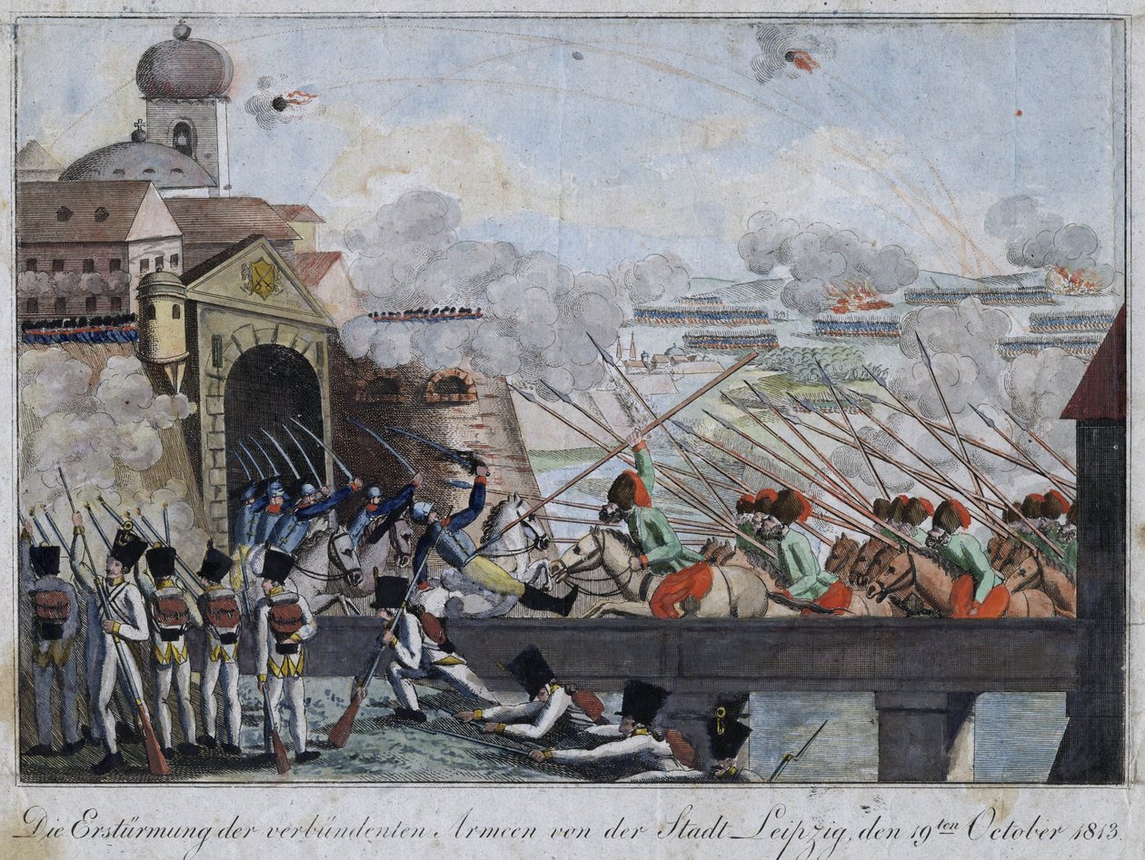 Liittoutuneiden joukkojen hyökkäys Leipzigin kaupunkiin - bataille de Leipzig ou bataille des nations (16.-19. lokakuuta 1813) - Nimetön - 1813 - Etsaus, akvarelli - 33,3x27 - Yksityiskokoelma tekijältä Anonymous Anonymous