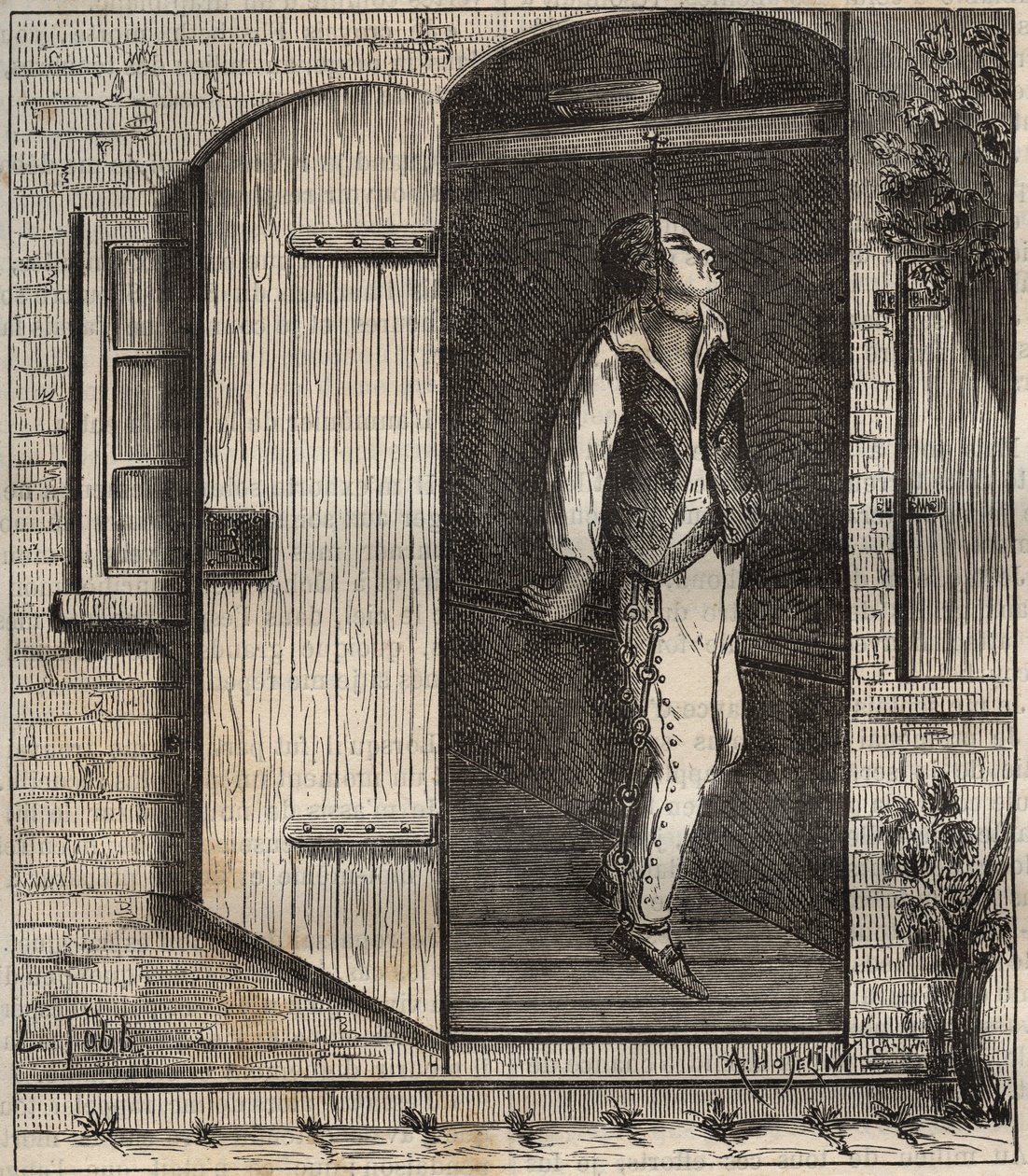 Itsemurha Rochefortin vankilassa vuonna 1840. Kaiverrus kirjaan "Vankiloiden historia niiden luomisesta nykypäivään" (1877), Pierre Zaccone (1817-1895) (Colonia Penale - Rangaistussiirtokunta). Yksityinen kokoelma. tekijältä Anonymous Anonymous